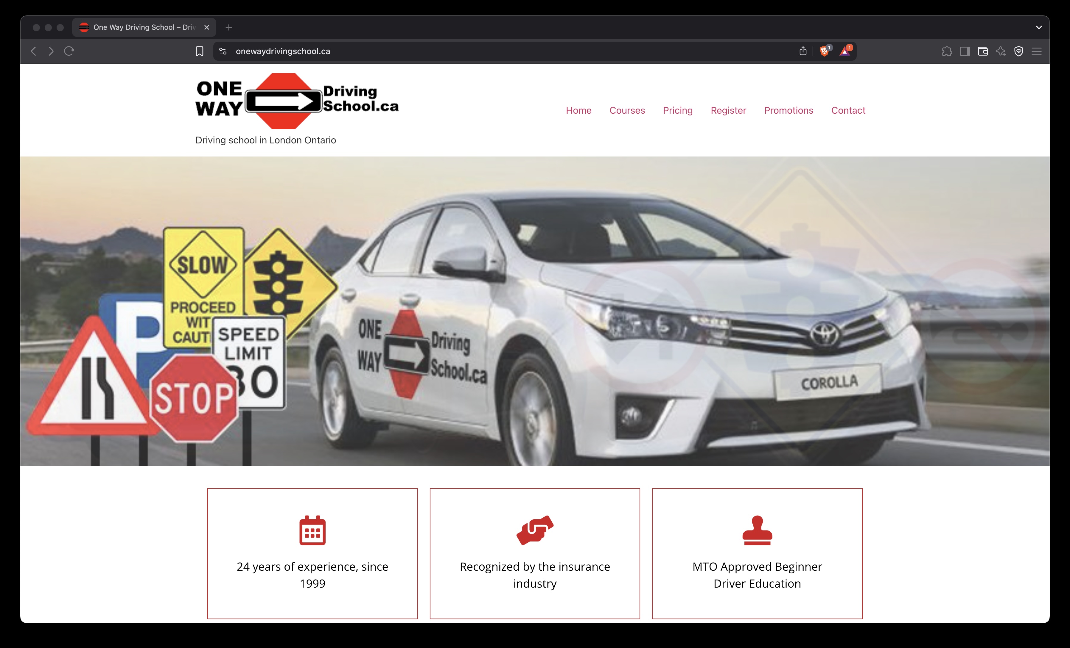 One Way Driving School website screenshot